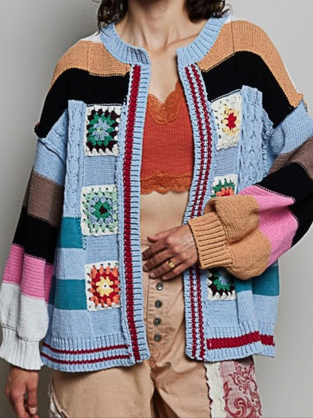 POL Crochet Granny Square Patch Chenille Sweater Cardigan Jogger Coordinated Set